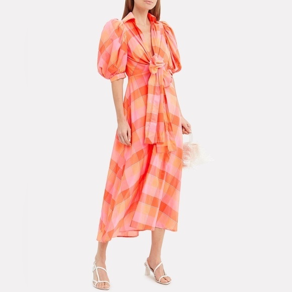 Silvia Tcherassi Perth Puff Sleeve GINGHAM A-LINE MIDI DRESS ORANGE CHECK sz Med - Picture 5 of 8